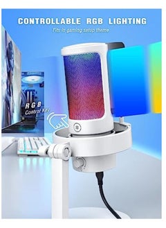 FIFINE Fifine PC USB RGB Mic, Streaming Gaming RGB Computer Condenser Mic for Podcast, Recording, Vocal, Desktop Mic for Windows Mac, Gamer Streamer Setup with Mute&Gain, Headphones Jack-White A8W  - Image 2