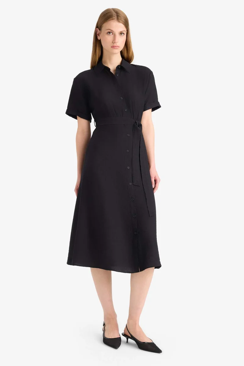 DeFacto Shirt Collar Belted Short Sleeve Midi Black Dress