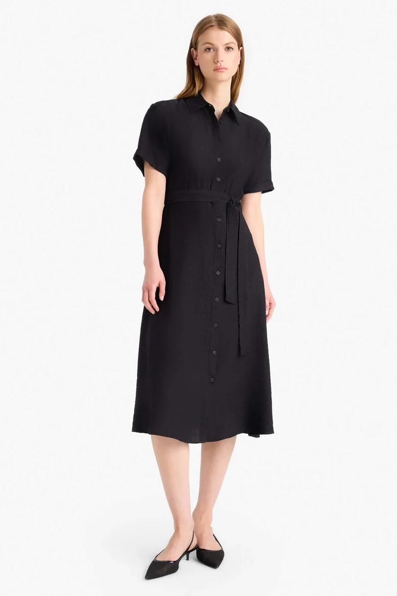 DeFacto Shirt Collar Belted Short Sleeve Midi Black Dress