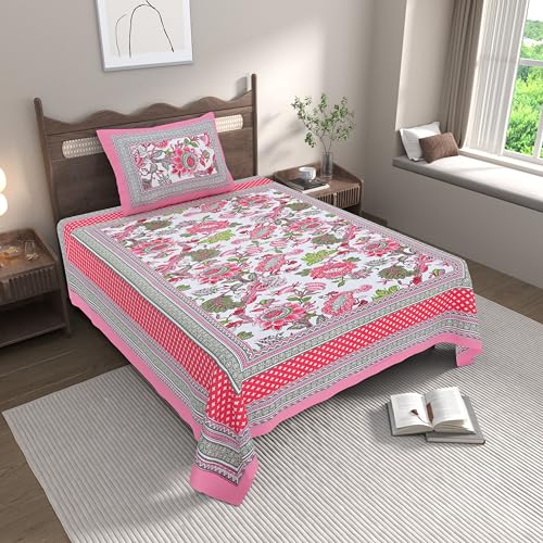 EasyGoods® Cotton Bedsheet for Single Bedsheet with 1 Pillow Cover 60x90 Inch, Handcrafted Bed Sheets (Pink-3) - Image 1