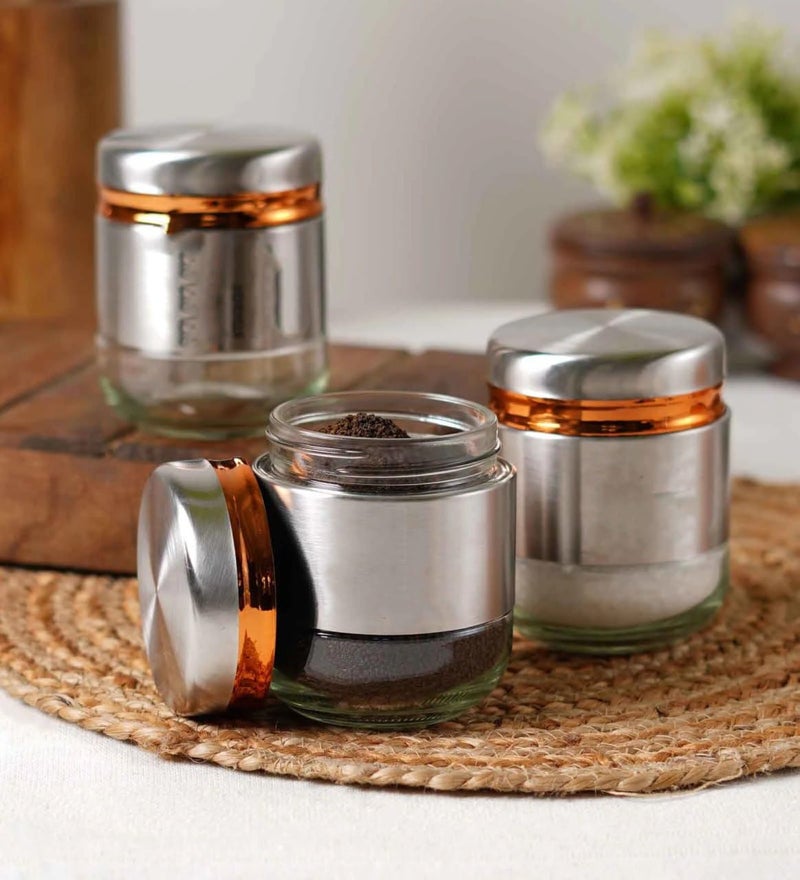 WRINGO Steel Cover Window Clear Glass Jars for Kitchen Storage Food Spices Canister with Airtight Lid Container Organizer Tea Coffee Sugar Silver 350ML Set of 6 - Image 2
