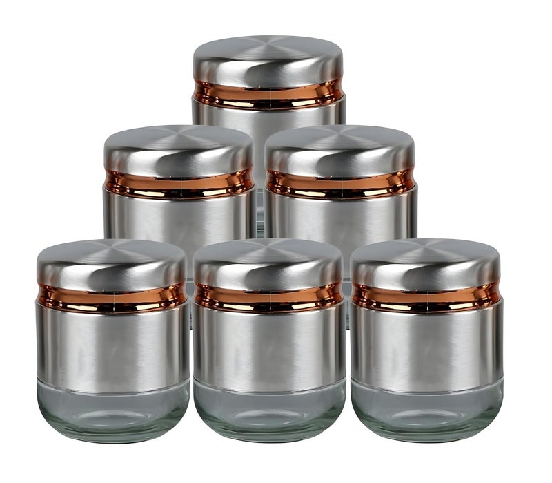 WRINGO Steel Cover Window Clear Glass Jars for Kitchen Storage Food Spices Canister with Airtight Lid Container Organizer Tea Coffee Sugar Silver 350ML Set of 6 - Image 1