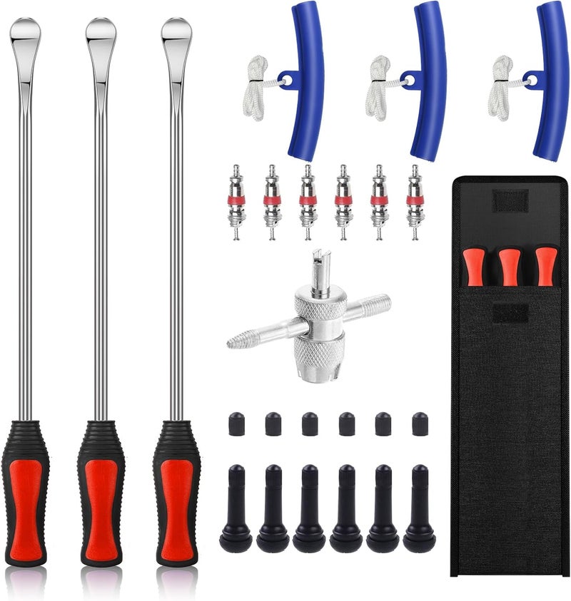 HTOMT 14.5" Tire Spoon Kit, 26pcs Tire Changing Tool for Motorcycle Dirt Bike Lawn Tractor Bicycle, Motorcycle Tire Changer Tire Removal Tool with 3pcs Rim Covers 6pcs Valve Tool Valve Cores - Image 1