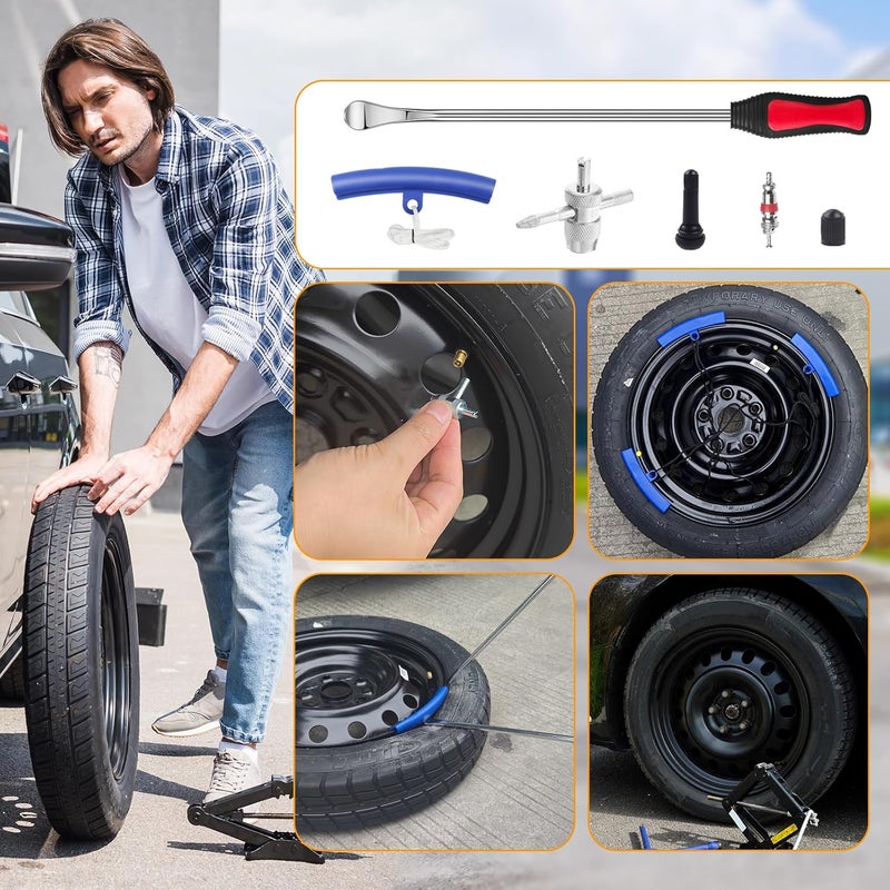 HTOMT 14.5" Tire Spoon Kit, 26pcs Tire Changing Tool for Motorcycle Dirt Bike Lawn Tractor Bicycle, Motorcycle Tire Changer Tire Removal Tool with 3pcs Rim Covers 6pcs Valve Tool Valve Cores - Image 2