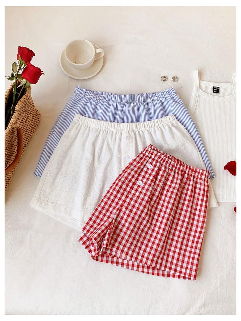 MakeMeChic Women's 3 Pack Linen Shorts Plaid Gingham Striped Summer Beach Boxer Shorts Plaid-Multicolor Medium - Image 2