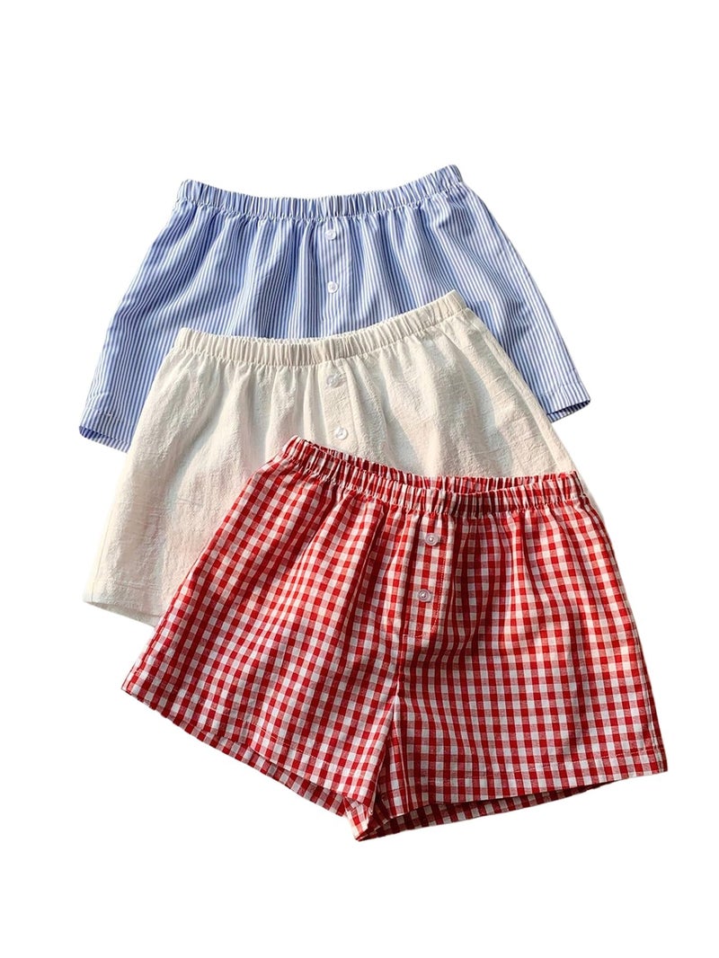 MakeMeChic Women's 3 Pack Linen Shorts Plaid Gingham Striped Summer Beach Boxer Shorts Plaid-Multicolor Medium - Image 1