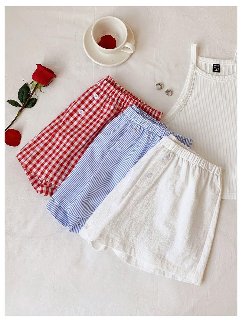 MakeMeChic Women's 3 Pack Linen Shorts Plaid Gingham Striped Summer Beach Boxer Shorts Plaid-Multicolor Medium - Image 4
