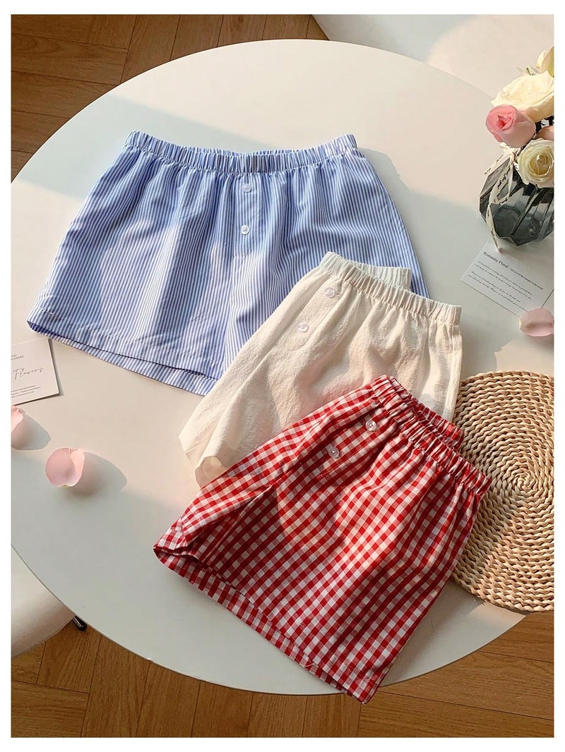 MakeMeChic Women's 3 Pack Linen Shorts Plaid Gingham Striped Summer Beach Boxer Shorts Plaid-Multicolor Medium - Image 5