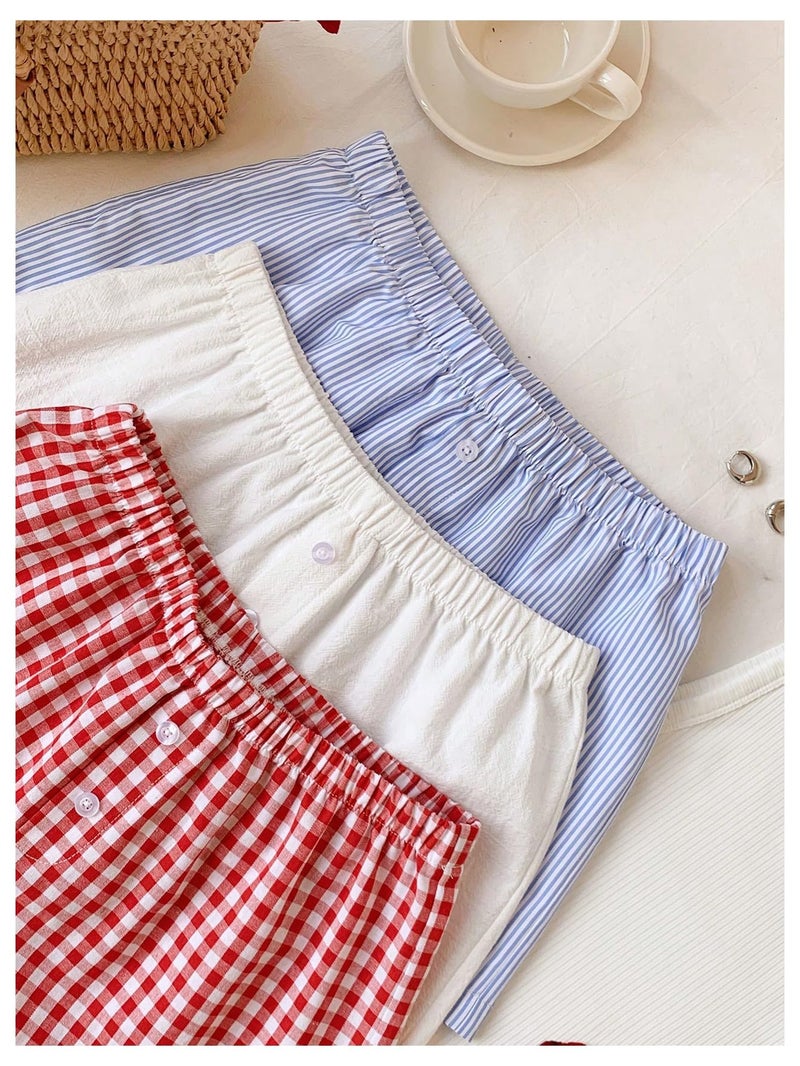 MakeMeChic Women's 3 Pack Linen Shorts Plaid Gingham Striped Summer Beach Boxer Shorts Plaid-Multicolor Medium - Image 3