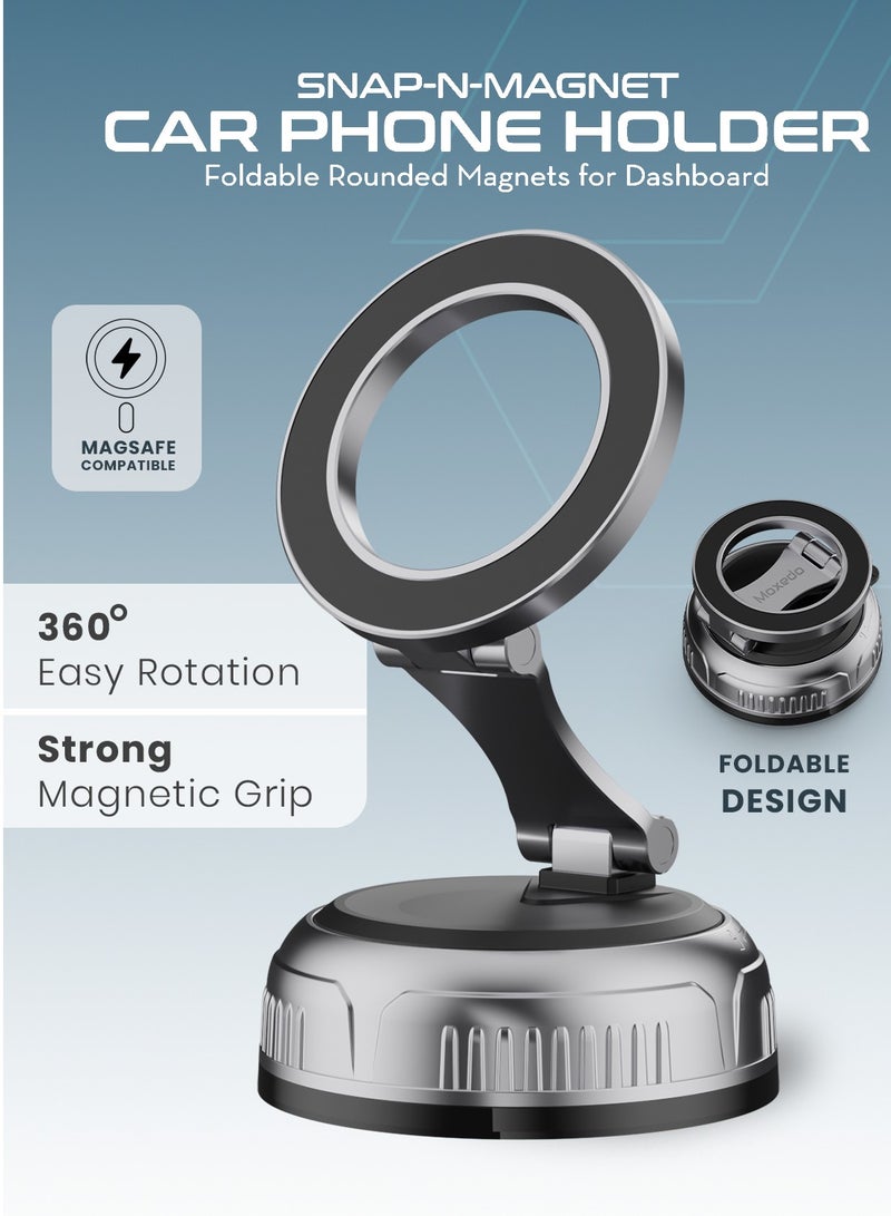 Moxedo Snap-N-Magnet Car Phone Holder Foldable Rounded Magnets for Dashboard with Vacuum Suction Cup 360° Base Rotation with Metal Plate Compatible for All Smartphone - Image 2