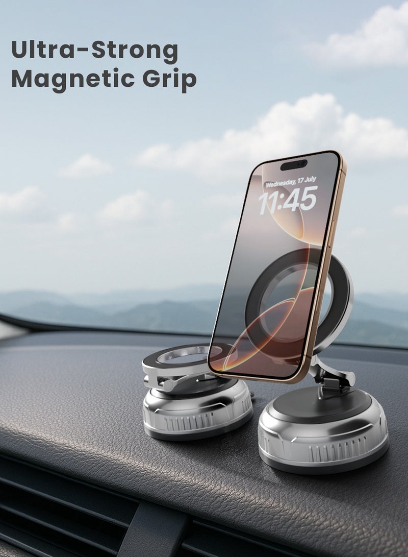 Moxedo Snap-N-Magnet Car Phone Holder Foldable Rounded Magnets for Dashboard with Vacuum Suction Cup 360° Base Rotation with Metal Plate Compatible for All Smartphone - Image 3