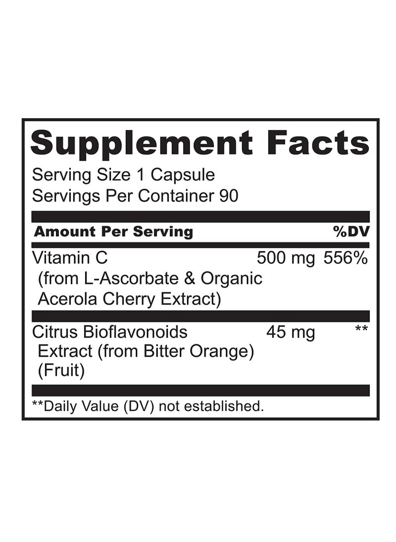 NATURELO - Vitamin C with Acerola Cherries Plus Citrus Bioflavonoids 90  Vegetarian Capsules Dietary Supplement Formulated To Support Immune Health & Antioxidant Defense - Image 1
