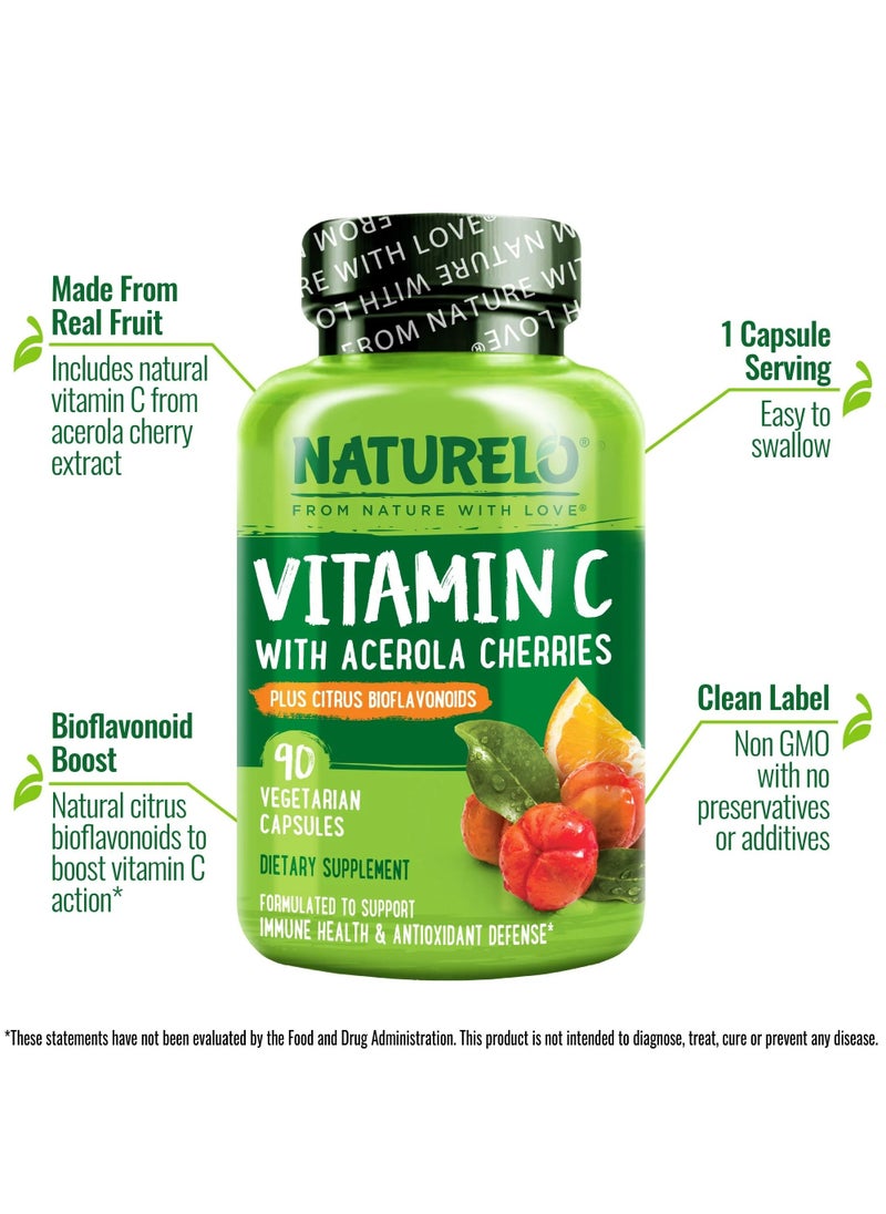 NATURELO - Vitamin C with Acerola Cherries Plus Citrus Bioflavonoids 90  Vegetarian Capsules Dietary Supplement Formulated To Support Immune Health & Antioxidant Defense - Image 1