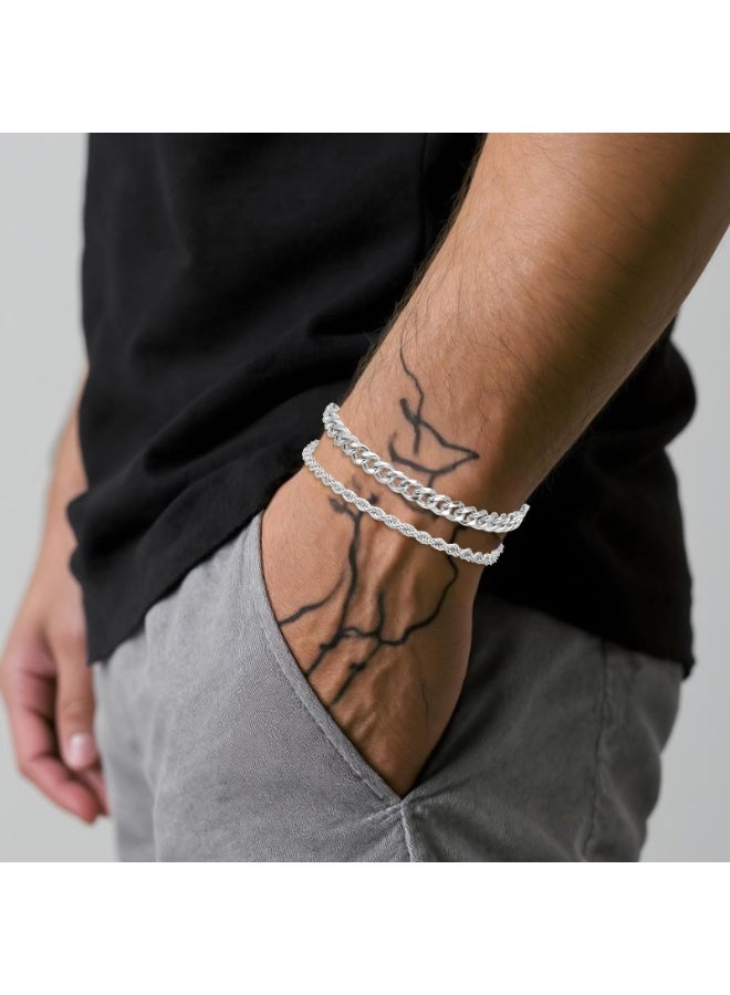 Chain Bracelet for Men 2 Pcs Silver Plated Figaro Rope Cuban Link Bracelet Set Stainless Steel Bracelets Mens Waterproof Metal Chain Bracelets Jewelry for Men Dad Husband Boyfriend - Image 5