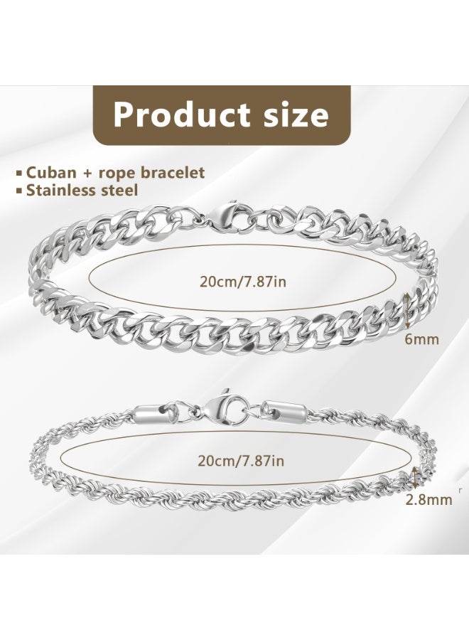 Chain Bracelet for Men 2 Pcs Silver Plated Figaro Rope Cuban Link Bracelet Set Stainless Steel Bracelets Mens Waterproof Metal Chain Bracelets Jewelry for Men Dad Husband Boyfriend - Image 2