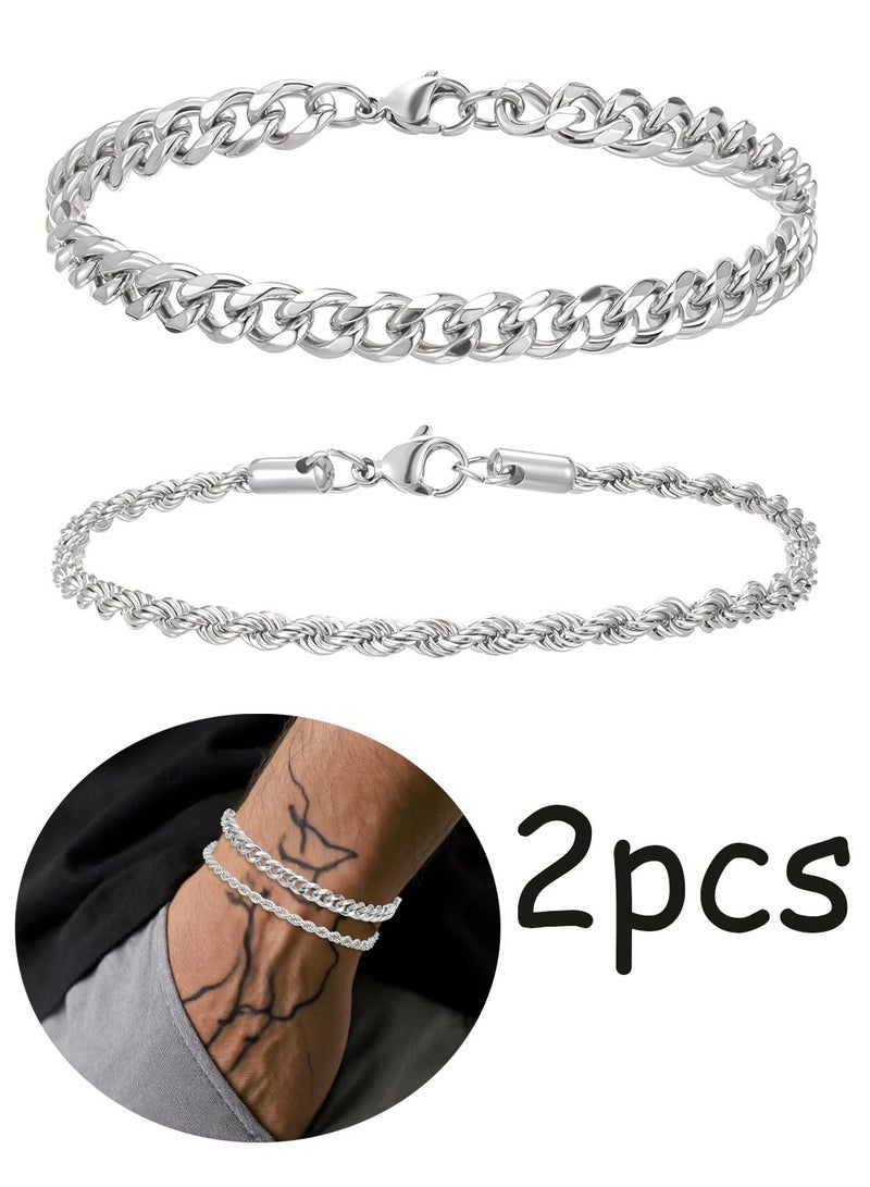 Chain Bracelet for Men 2 Pcs Silver Plated Figaro Rope Cuban Link Bracelet Set Stainless Steel Bracelets Mens Waterproof Metal Chain Bracelets Jewelry for Men Dad Husband Boyfriend - Image 1