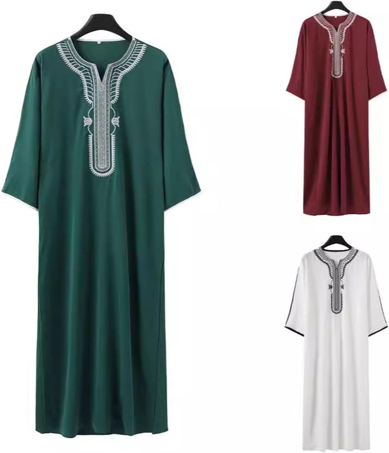 Arabian Robe for Men - Short Sleeve Embroidered Loose Islamic Ethnic Style - Black - Image 5