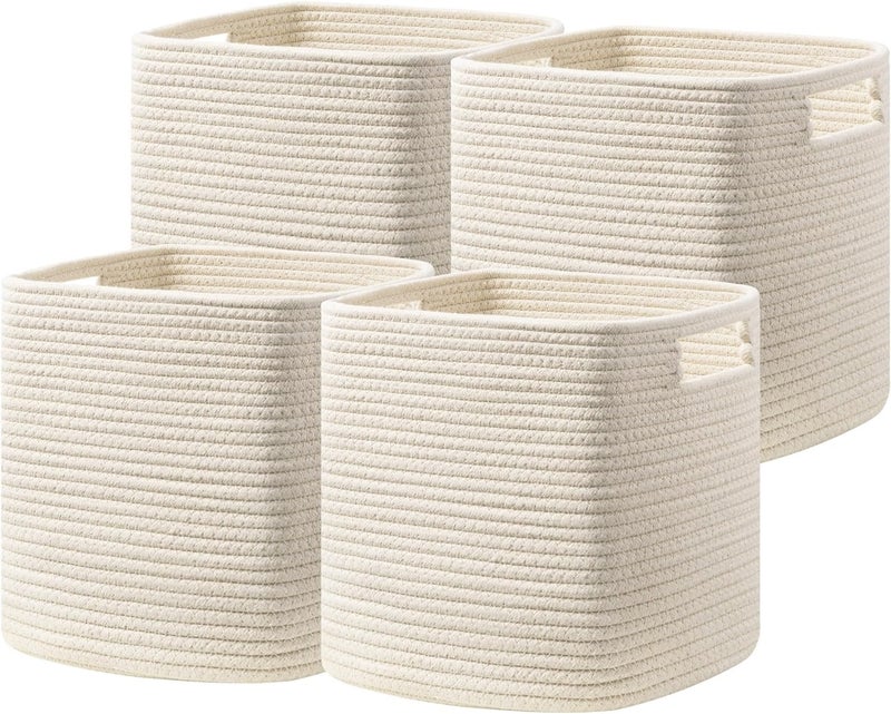 UBBCARE Set of 4 Storage Basket-12 X 12 X 12 in, Cotton Rope Baskets for Shelves, Toys, Book, Cube Storage Bins with Handles, Woven Storage Basket for Organizing, Beige - Image 1