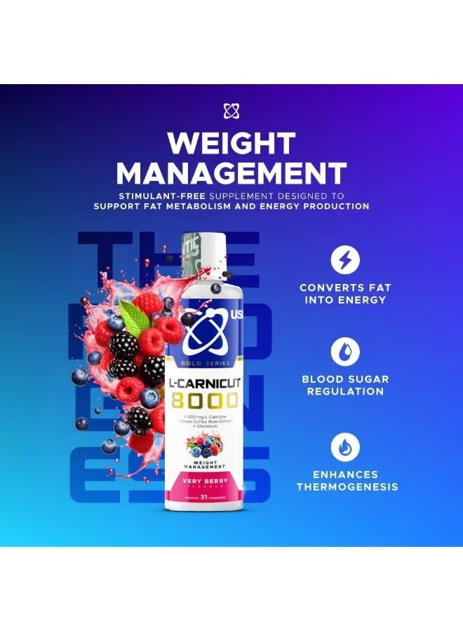 USN L-Carnicut 8000 Liquid Very Berry 465ml 31 Servings – 4000mg L-Carnitine Fat Metabolism & Energy Support Formula - Image 2