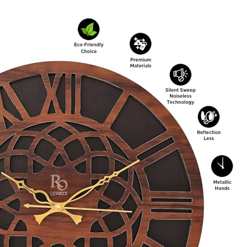 REGIIS OPERA Engineered Wood Round Shape Wall Clock with Roman Dial and Silent Quartz Movement | Decorative Wooden Anti Reflection Analog Vintage Clock for Home and Office (Brown, 15.5 Inch) - Image 3
