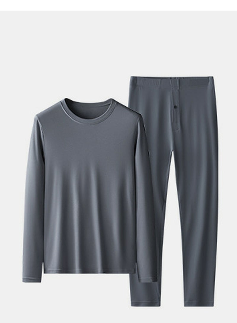 Mens Solid Color Thin Seamless Long Johns And Crew-Neck Thermal Underwear Set 2 Piece Base Layer Set for Men Dark Grey