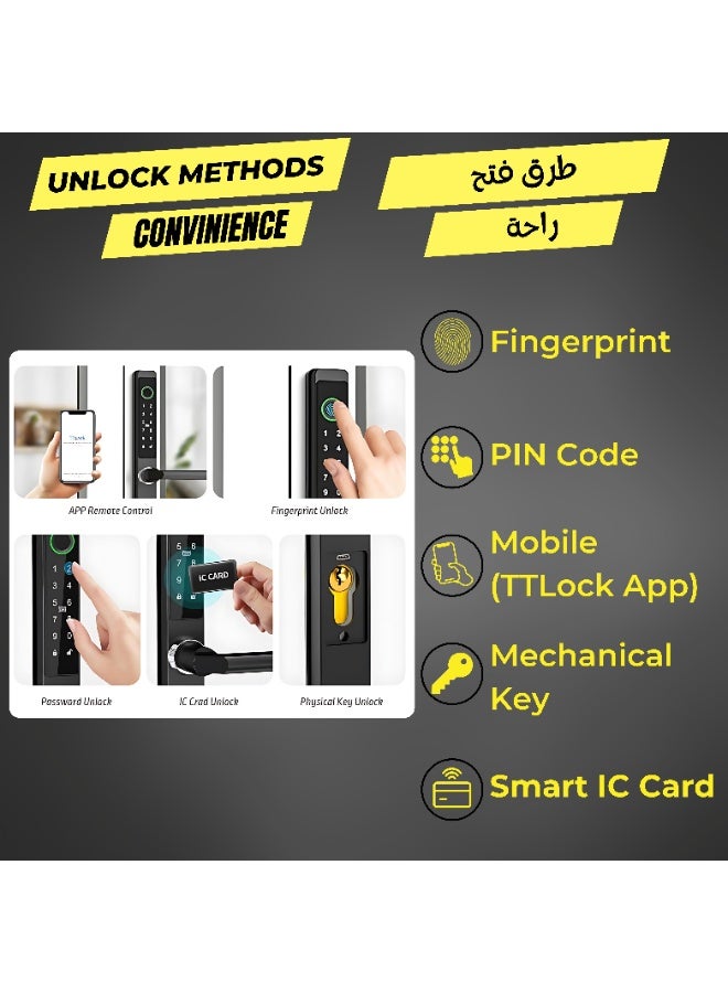 التاكس قفل باب ذكي ببصمة الإصبع RX | تطبيق TTLock | مناسب للأبواب الألمنيوم النحيفة | أبواب المجالس | فتح عبر البلوتوث ببصمة الإصبع ولوحة أرقام وبطاقة | مقبض طويل | مناسب للاستخدام الخارجي | مقاوم للماء والغبار بمعيار IP66 (أسود) - Image 3