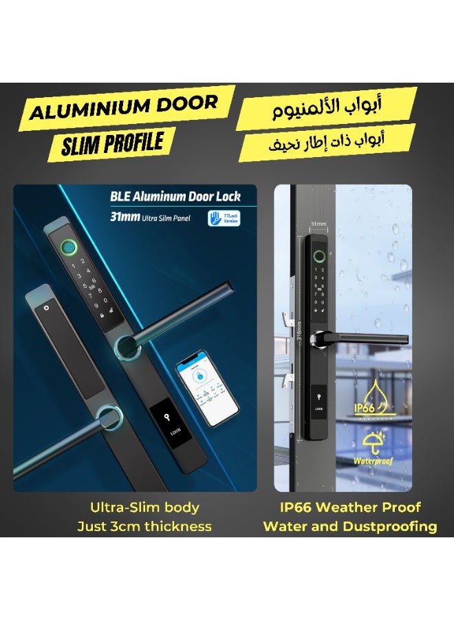 التاكس قفل باب ذكي ببصمة الإصبع RX | تطبيق TTLock | مناسب للأبواب الألمنيوم النحيفة | أبواب المجالس | فتح عبر البلوتوث ببصمة الإصبع ولوحة أرقام وبطاقة | مقبض طويل | مناسب للاستخدام الخارجي | مقاوم للماء والغبار بمعيار IP66 (أسود) - Image 2