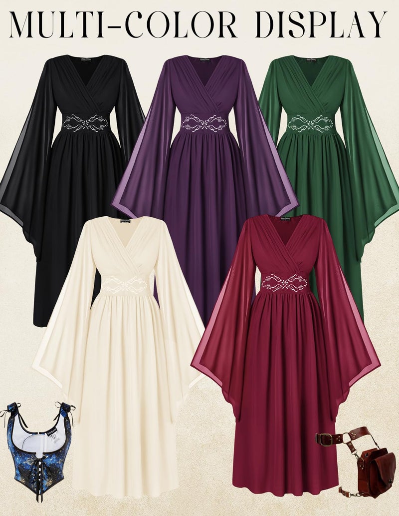 Scarlet Darkness Women's Renaissance Costume Wrap V Neck Medieval Dress Split Bell Sleeve Embroidery Fairy Dresses - Image 5