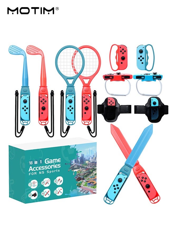 Motim 18 in 1 Switch Sports Game Accessories Bundle for Nintendo Switch, Family Games Accessories Kit, Included: Tennis Rackets+Sword Grips+Golf Clubs+Wrist Dance Bands and Leg Strap - Image 1