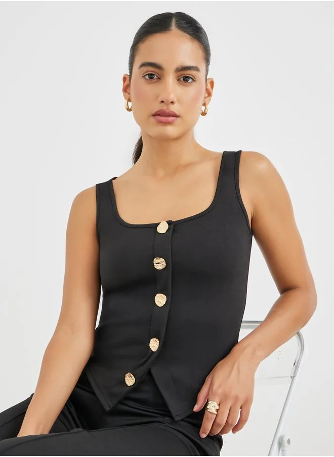 ستايلي Styli Buttoned Square Neck Sleeveless Top