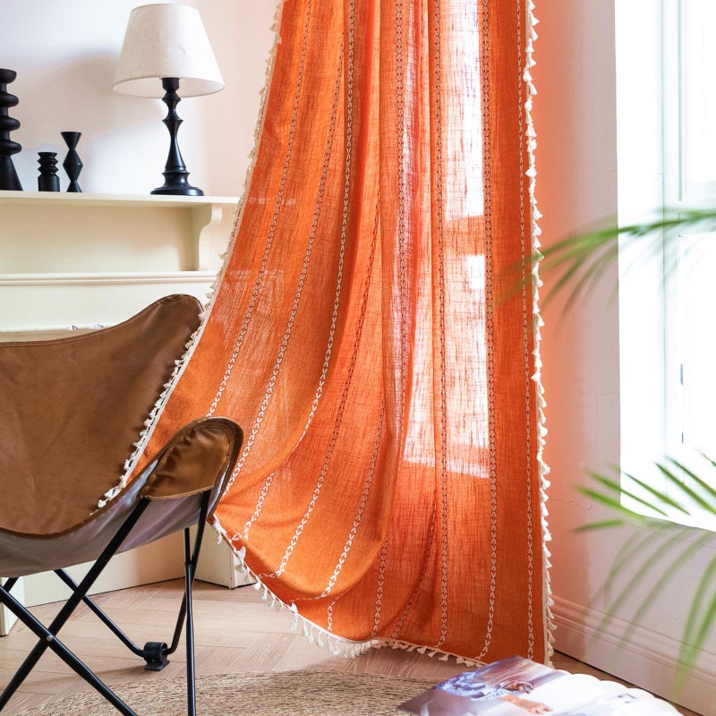 Deeprove Orange Boho Curtains 72 inches Length  Vintage Burnt Bohemian Embroidery Farmhouse Cotton Linen Fringe Window Treatments Autumn Fall Thanksgiving Gothic Halloween Decor  W52 x L72  1 Panel - Image 2