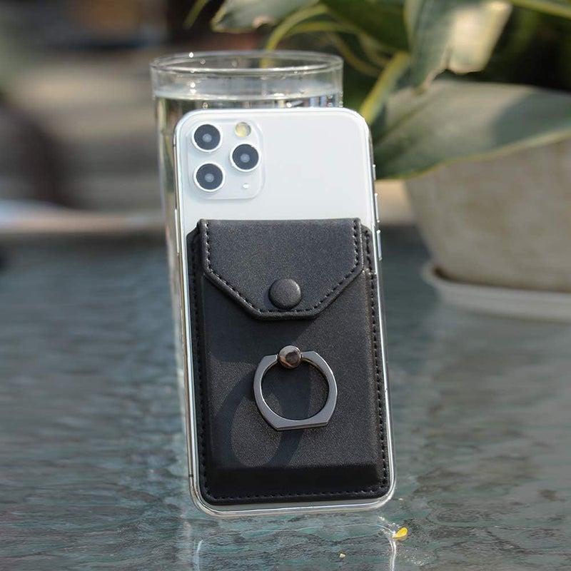 YUNCE Ring Stand Stick on Wallet Cell Phone Slim Leather Wallet Stick on Wallet Credit Card RFID Blocking Sleeve Black - Image 5