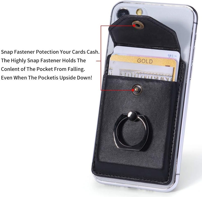 YUNCE Ring Stand Stick on Wallet Cell Phone Slim Leather Wallet Stick on Wallet Credit Card RFID Blocking Sleeve Black - Image 3
