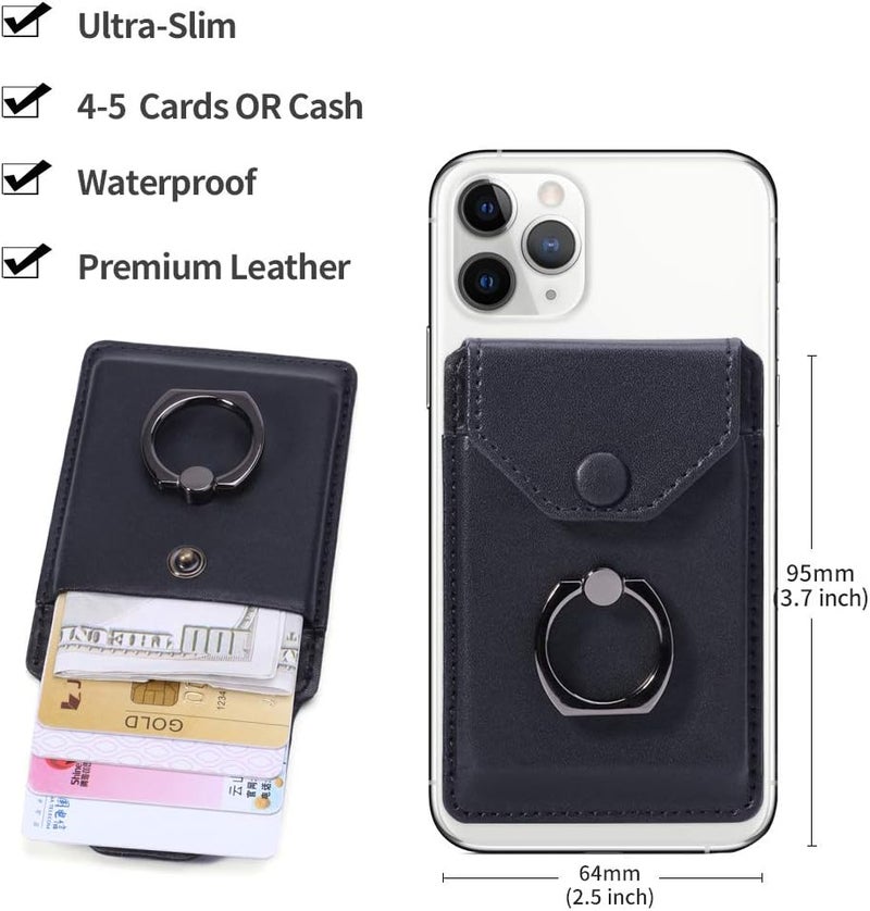 YUNCE Ring Stand Stick on Wallet Cell Phone Slim Leather Wallet Stick on Wallet Credit Card RFID Blocking Sleeve Black - Image 2