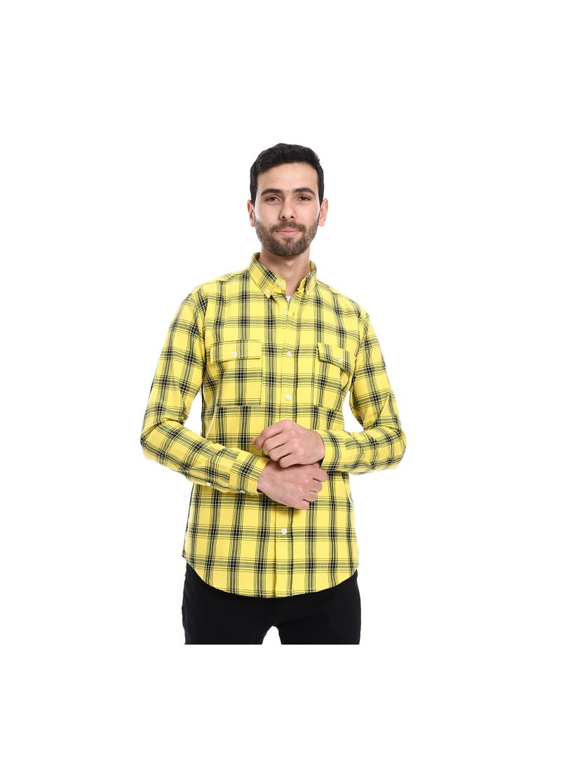 Plaid Pattern Two Front Pockets Shirt - Yellow & Black
