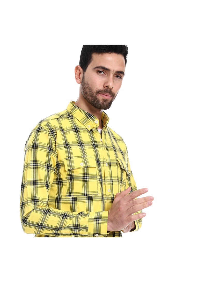 Plaid Pattern Two Front Pockets Shirt - Yellow & Black
