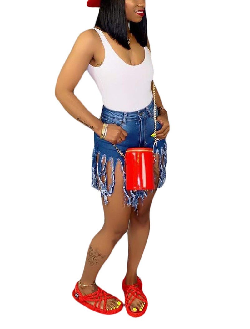 SIAEAMRG Women's Juniors Denim Shorts, High Waisted Frayed Raw Hem Tassels Short Pants Jeans (Blue, XL) - Image 2