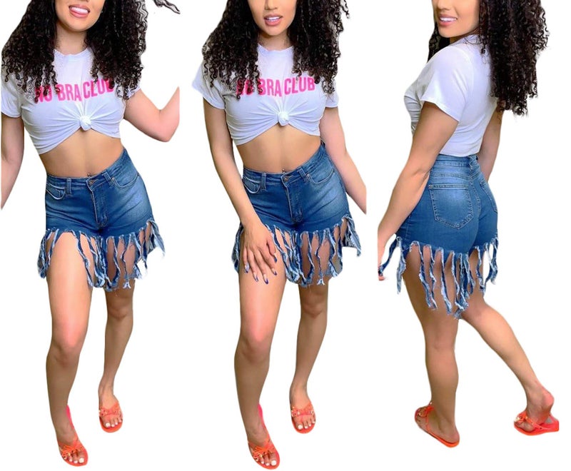 SIAEAMRG Women's Juniors Denim Shorts, High Waisted Frayed Raw Hem Tassels Short Pants Jeans (Blue, XL) - Image 4