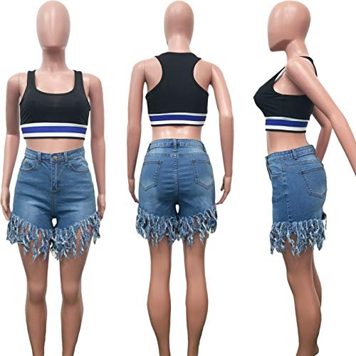 SIAEAMRG Women's Juniors Denim Shorts, High Waisted Frayed Raw Hem Tassels Short Pants Jeans (Blue, XL) - Image 5