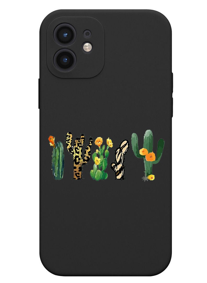 Theodor Protective Slim Fit Case Liquid Silicone Cover with Full Body Protection Anti-Scratch Shockproof Case For iPhone 12 Black  - Cactus - Image 1