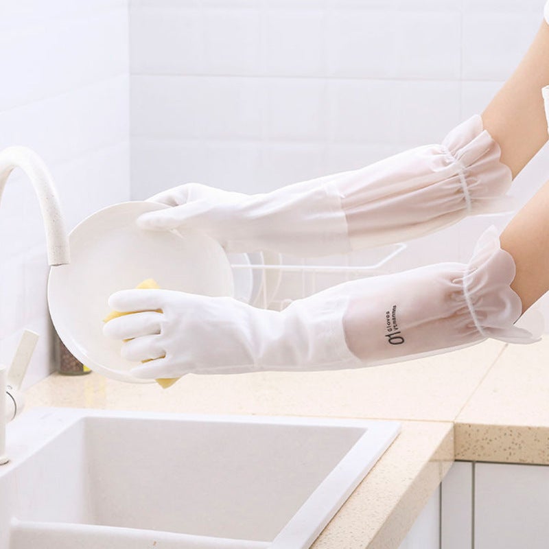 Thick Dishwashing Gloves for Women White flounce 01 