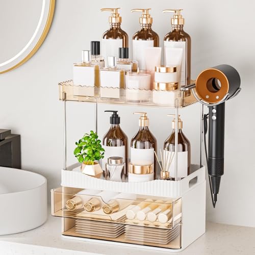 TasticTotes Bathroom Counter Organizer with Hairdryer Holder, 2-Tier 2-Drawer Shower Organizer for Skincare, Makeup Cosmetics, Large Capacity Vanity Organizer, Bathroom Decor, Valentine's Day(Amber) - Image 1