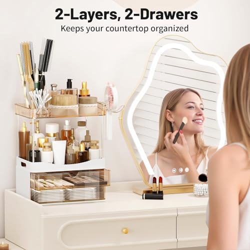 TasticTotes Bathroom Counter Organizer with Hairdryer Holder, 2-Tier 2-Drawer Shower Organizer for Skincare, Makeup Cosmetics, Large Capacity Vanity Organizer, Bathroom Decor, Valentine's Day(Amber) - Image 3