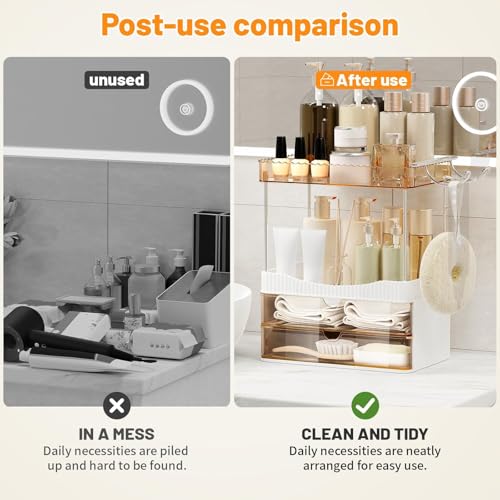 TasticTotes Bathroom Counter Organizer with Hairdryer Holder, 2-Tier 2-Drawer Shower Organizer for Skincare, Makeup Cosmetics, Large Capacity Vanity Organizer, Bathroom Decor, Valentine's Day(Amber) - Image 4