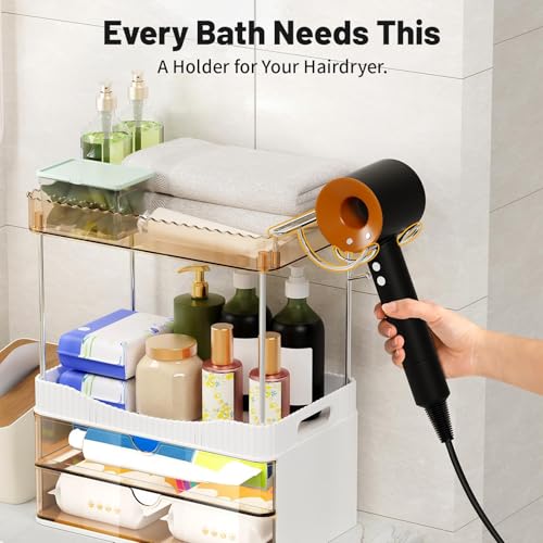 TasticTotes Bathroom Counter Organizer with Hairdryer Holder, 2-Tier 2-Drawer Shower Organizer for Skincare, Makeup Cosmetics, Large Capacity Vanity Organizer, Bathroom Decor, Valentine's Day(Amber) - Image 2
