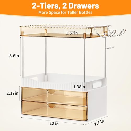 TasticTotes Bathroom Counter Organizer with Hairdryer Holder, 2-Tier 2-Drawer Shower Organizer for Skincare, Makeup Cosmetics, Large Capacity Vanity Organizer, Bathroom Decor, Valentine's Day(Amber) - Image 5