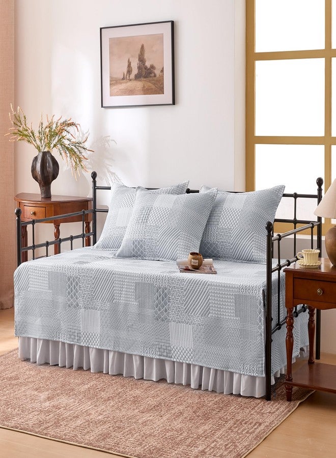 SLEEP ZONE 5 Pcs Daybed Cover Set Boho Patchwork Quilting Cozy All Season Soft Daybed Comforter Bedding Set with Bedskirt, Matching Sham, 75" × 39", Light Gray - Image 1