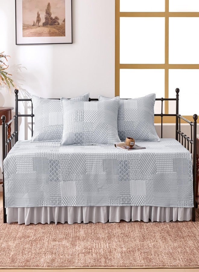 SLEEP ZONE 5 Pcs Daybed Cover Set Boho Patchwork Quilting Cozy All Season Soft Daybed Comforter Bedding Set with Bedskirt, Matching Sham, 75" × 39", Light Gray - Image 2