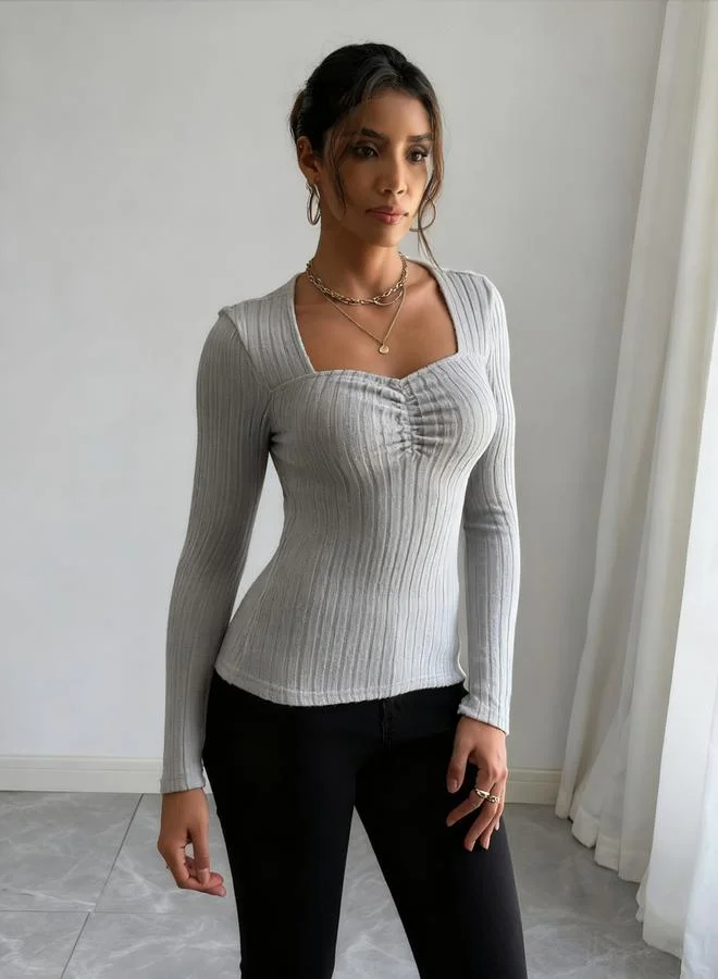 Take Two Women Solid Square Neck Ribbed Top