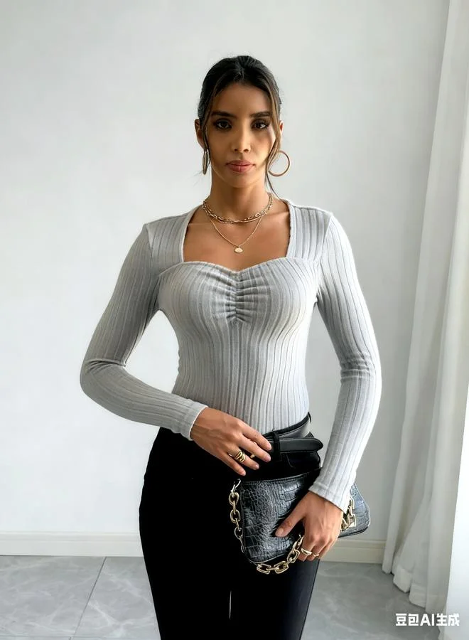 Take Two Women Solid Square Neck Ribbed Top
